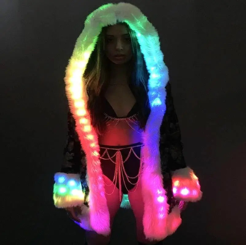 LED Light Up Faux Fur Lined Sequin Coat